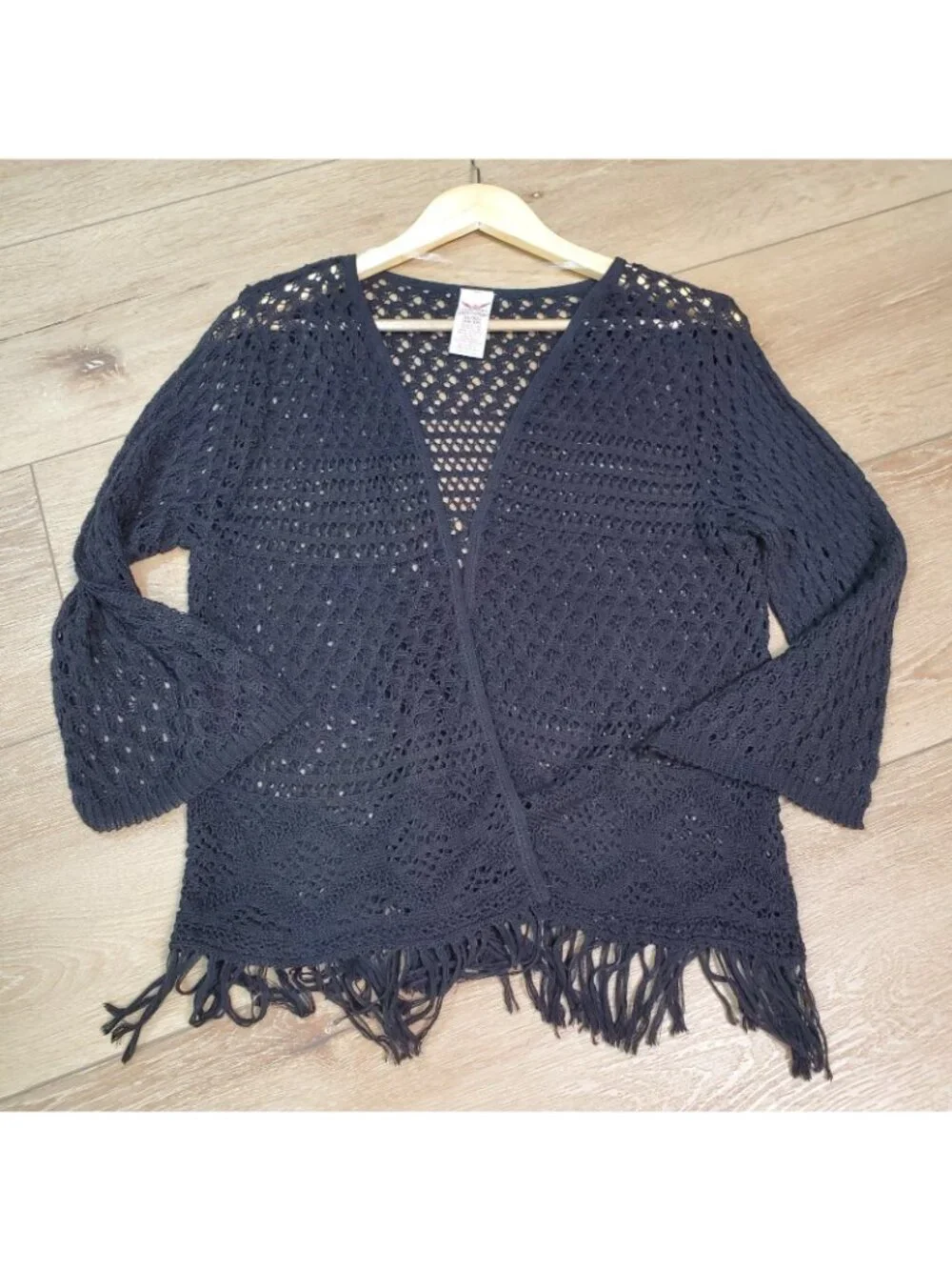 Girls Black Cardigan Sweater Size XL (14/16) Knit Open Front Fringe Boho Fairy